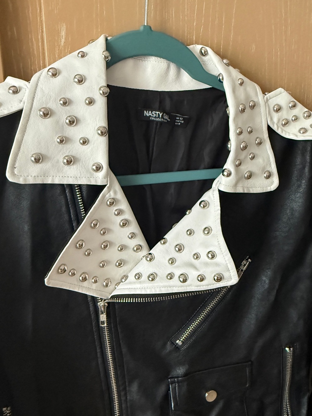 Nasty Gal Black & White Studded Fringe Moto Jacket - Picture 4 of 10